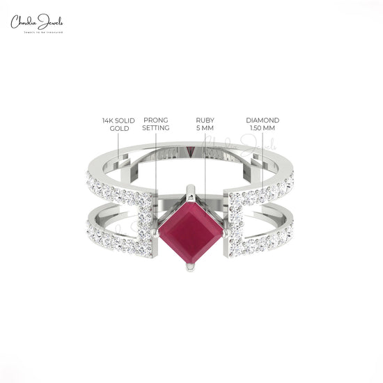 Prong Set 0.85ct Ruby Parallel Split Shank Ring Diamond Studded 14k Solid Gold Promise Ring