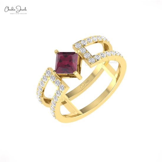 Parallel Split Shank Ring In Solid 14k Gold Genuine Rhodolite Garnet & Diamond Ring For Mom