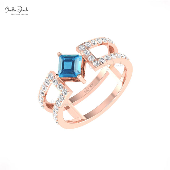 Natural 0.6ct Swiss Blue Topaz Dual Band Ring Genuine Diamond 14k Real Gold Modern Engagement Ring