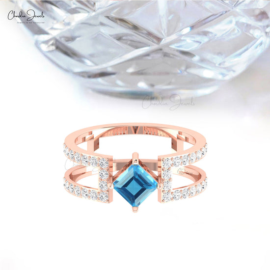Natural 0.6ct Swiss Blue Topaz Dual Band Ring Genuine Diamond 14k Real Gold Modern Engagement Ring