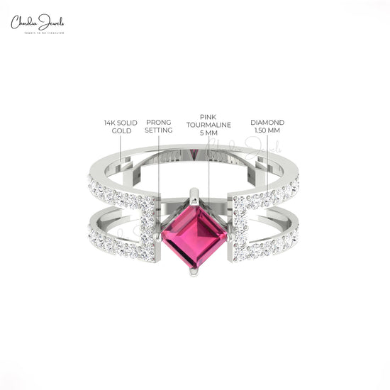 Parallel Split Shank Ring With 0.6ct Pink Tourmaline 14K Real Gold Diamond Designer Ring