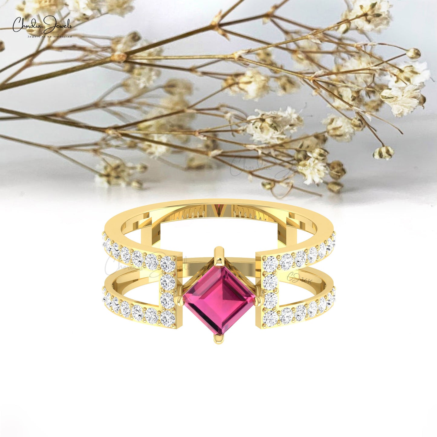 Parallel Split Shank Ring With 0.6ct Pink Tourmaline 14K Real Gold Diamond Designer Ring