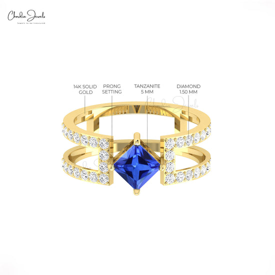 Statement 0.6ct Tanzanite Double Band Ring 14k Real Gold Diamond Studded Women's Ring