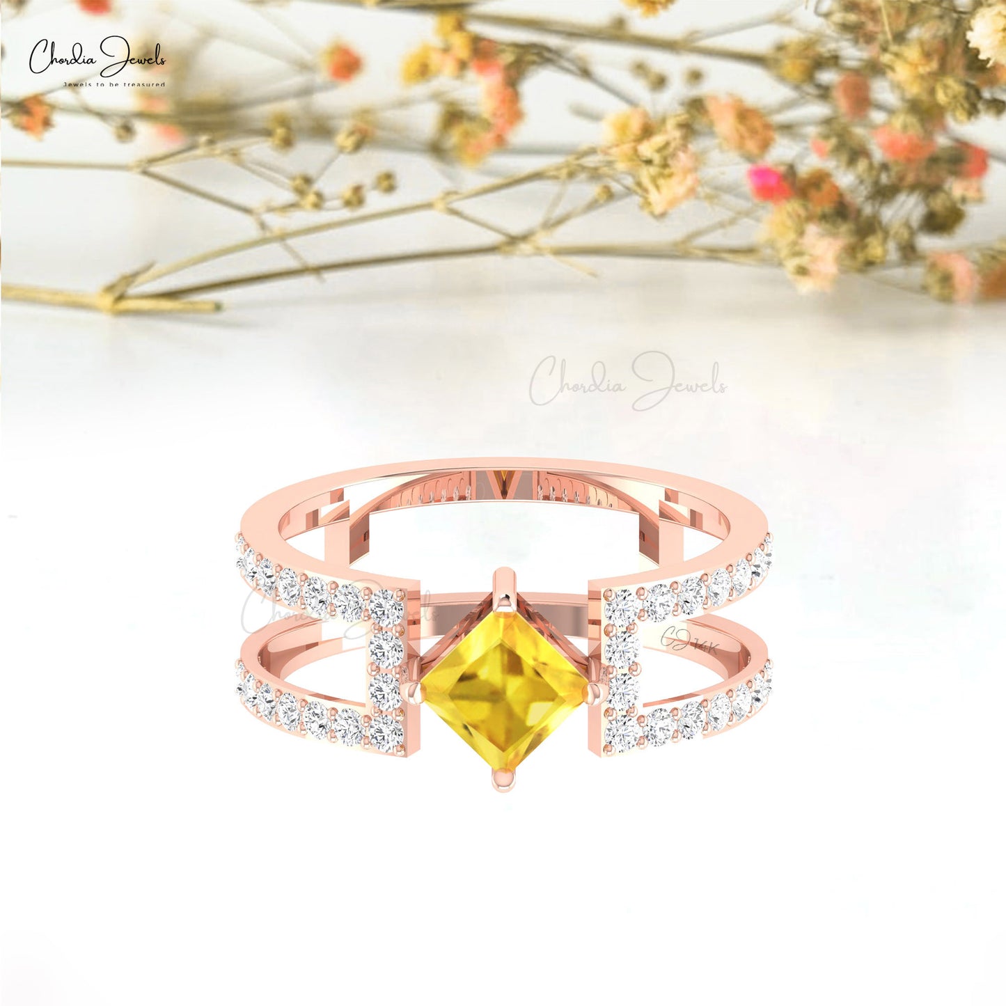 Prong Set 0.85ct Yellow Sapphire Dual Band Ring 14k Real Gold Diamond Accents Anniversary Ring
