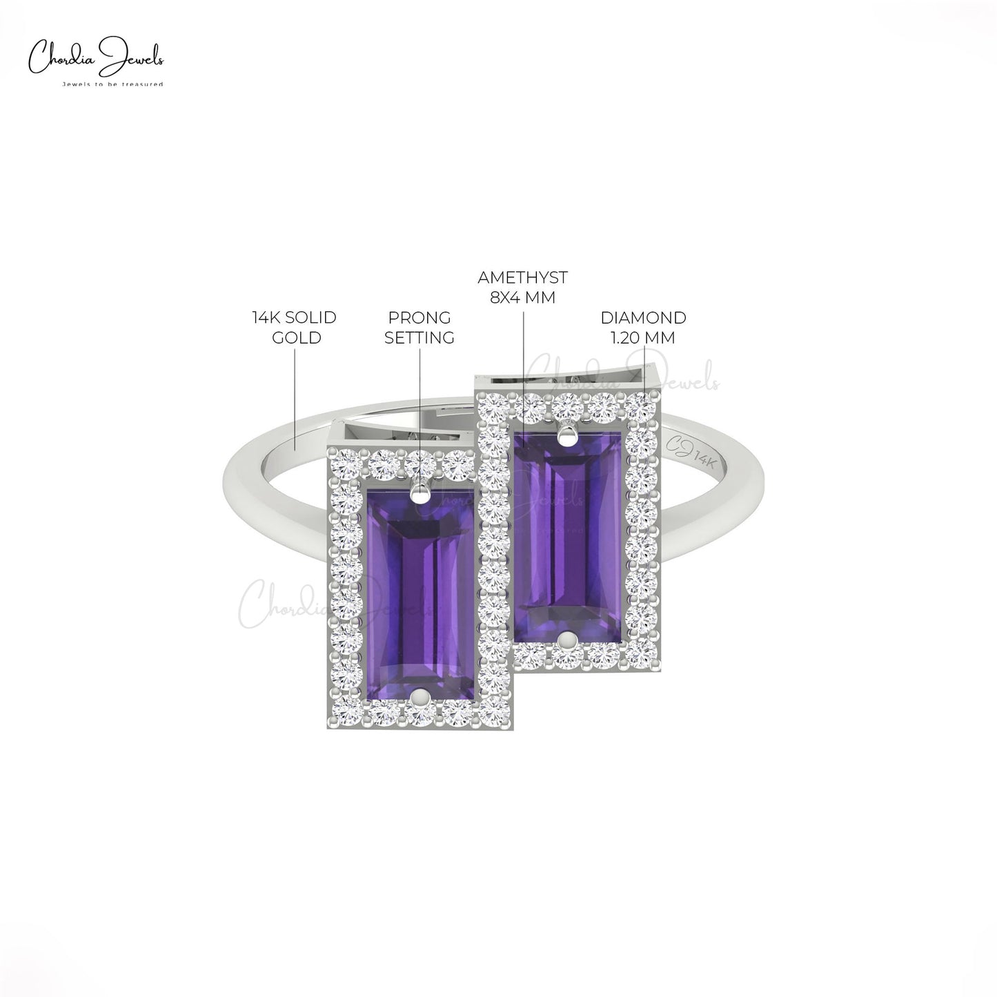 Double Halo Amethyst Baguette Ring Hallmarked 14K Real Gold Diamond Accents Birthstone Ring