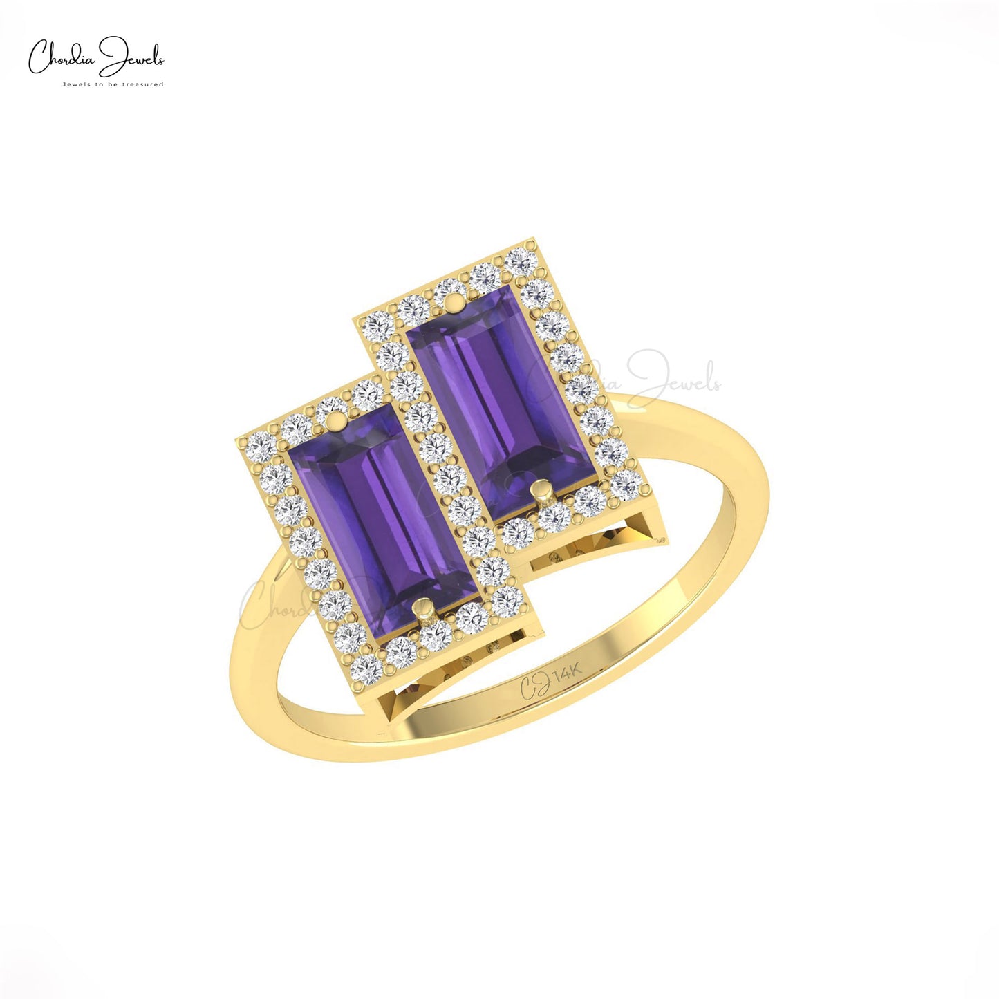 Double Halo Amethyst Baguette Ring Hallmarked 14K Real Gold Diamond Accents Birthstone Ring