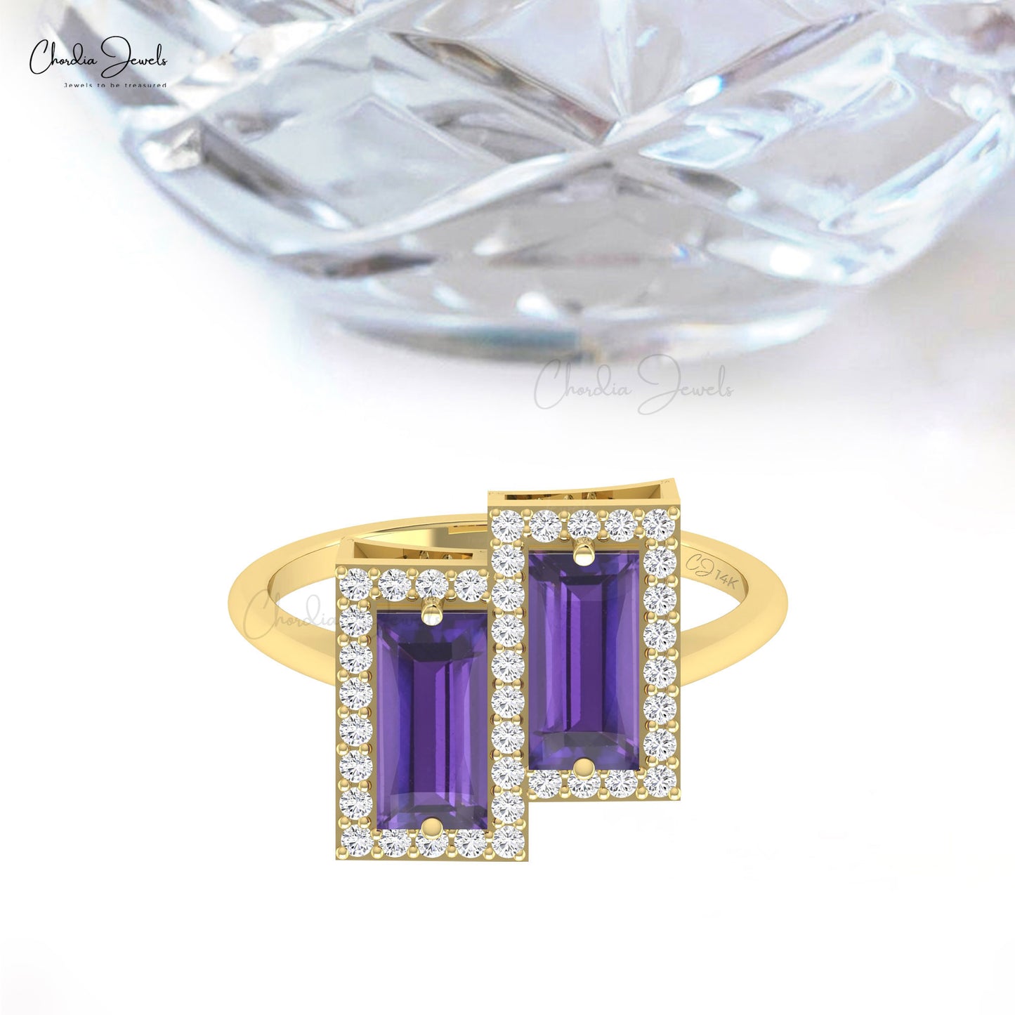Double Halo Amethyst Baguette Ring Hallmarked 14K Real Gold Diamond Accents Birthstone Ring