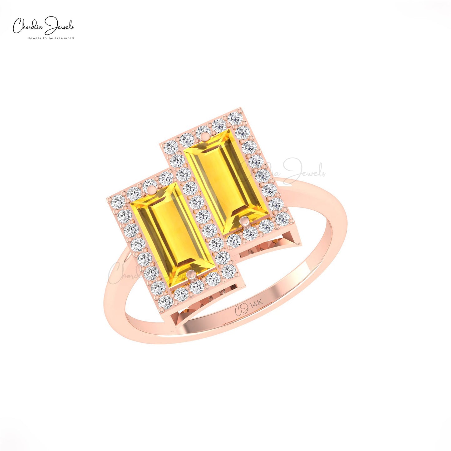 Baguette Citrine 2-Stone Double Halo Ring With Diamond Accents 14k Real Gold Statement Ring