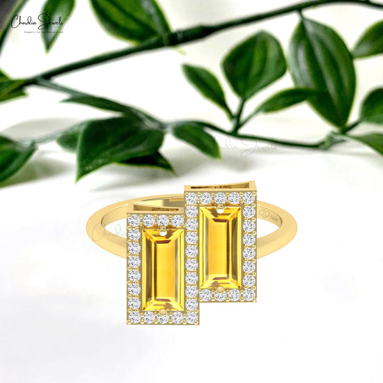 Baguette Citrine 2-Stone Double Halo Ring With Diamond Accents 14k Real Gold Statement Ring