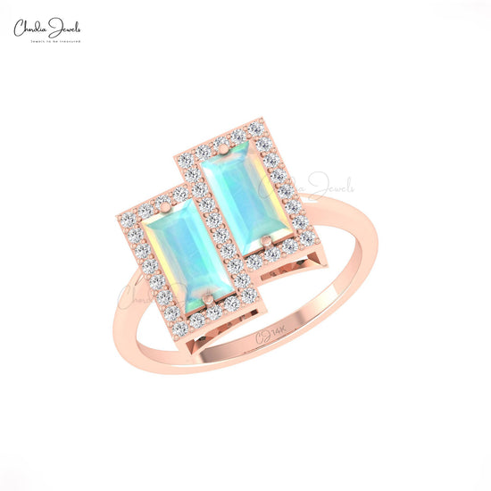 Genuine Opal & Diamond Double Halo Ring In 14k Solid Gold