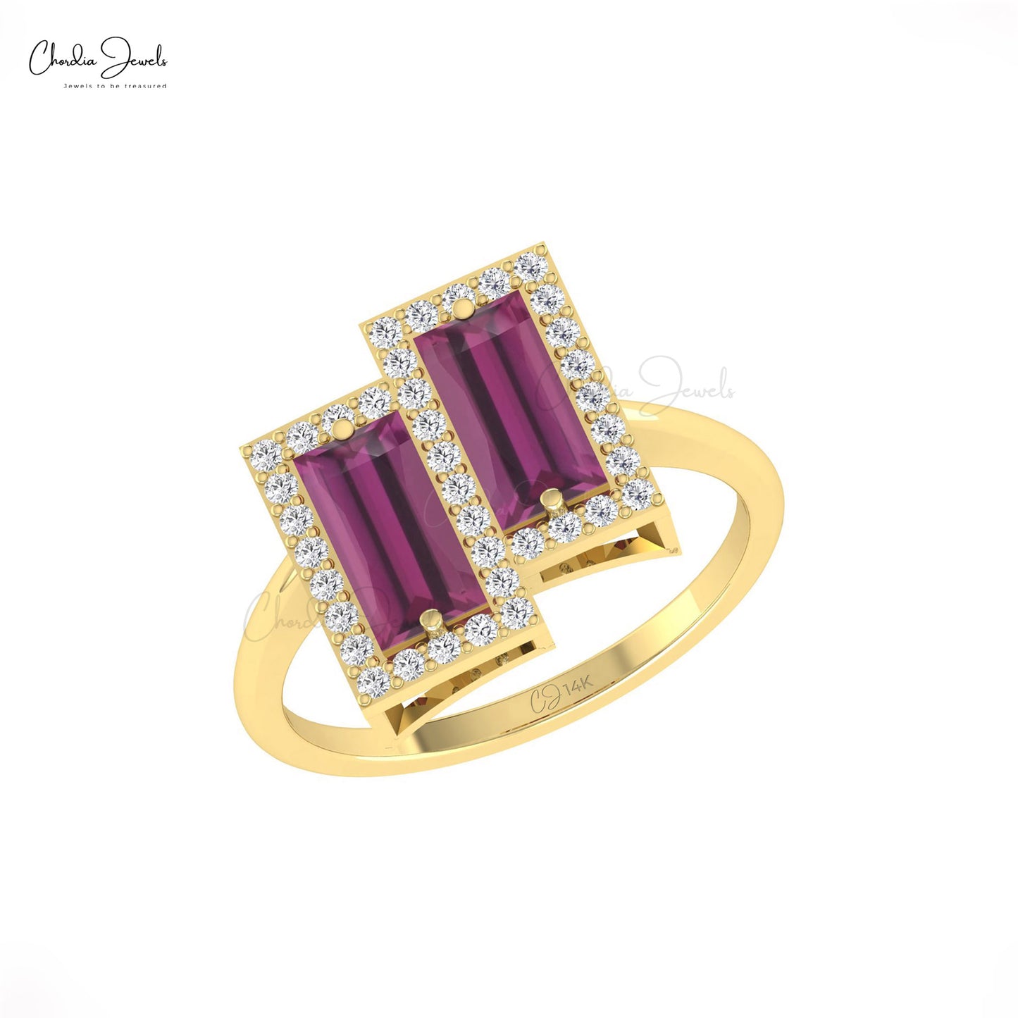 Solid 14k Gold Rhodolite Garnet & Diamond Halo Wedding Ring