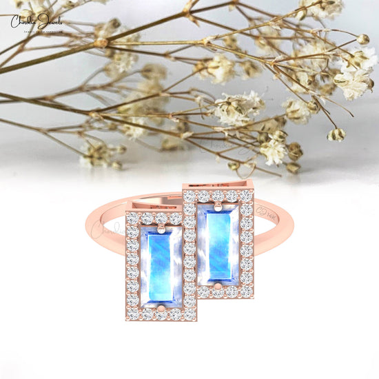 Baguette Rainbow Moonstone & Diamond Accents Dual Birthstone Ring