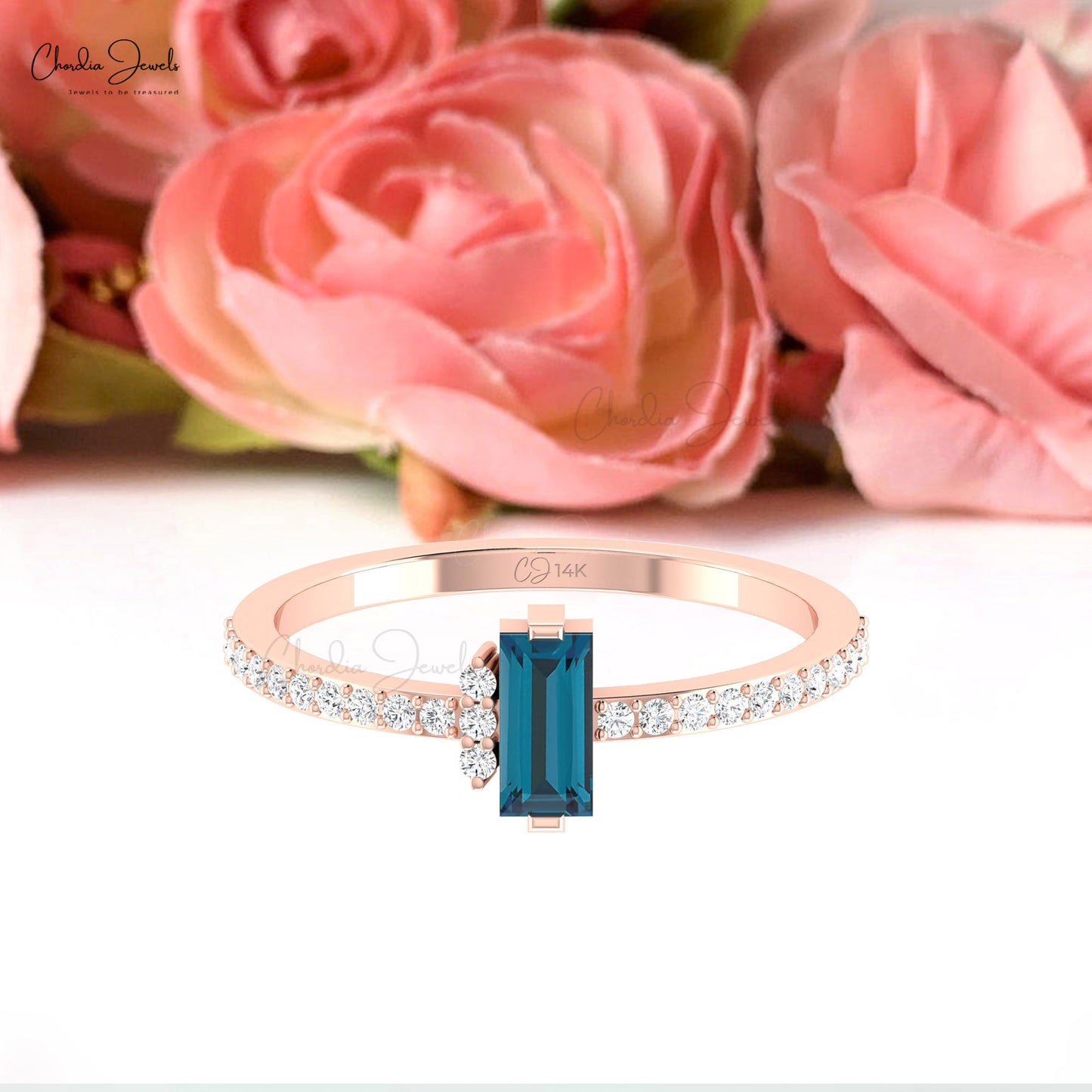 Authentic London Blue Topaz Dainty Ring In 14k Solid Gold Pave Diamond Fine Jewelry
