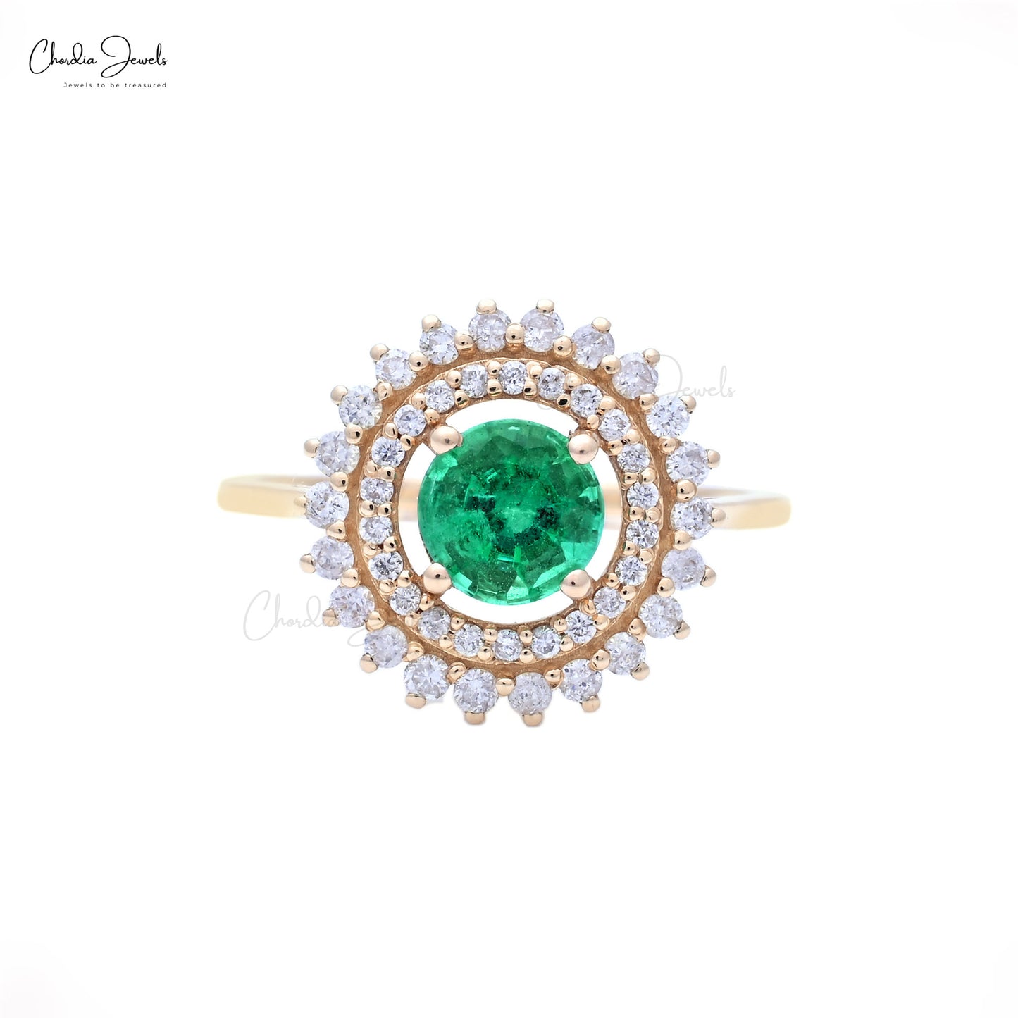 Indulge in the luxury of emerald and diamond double halo ring.