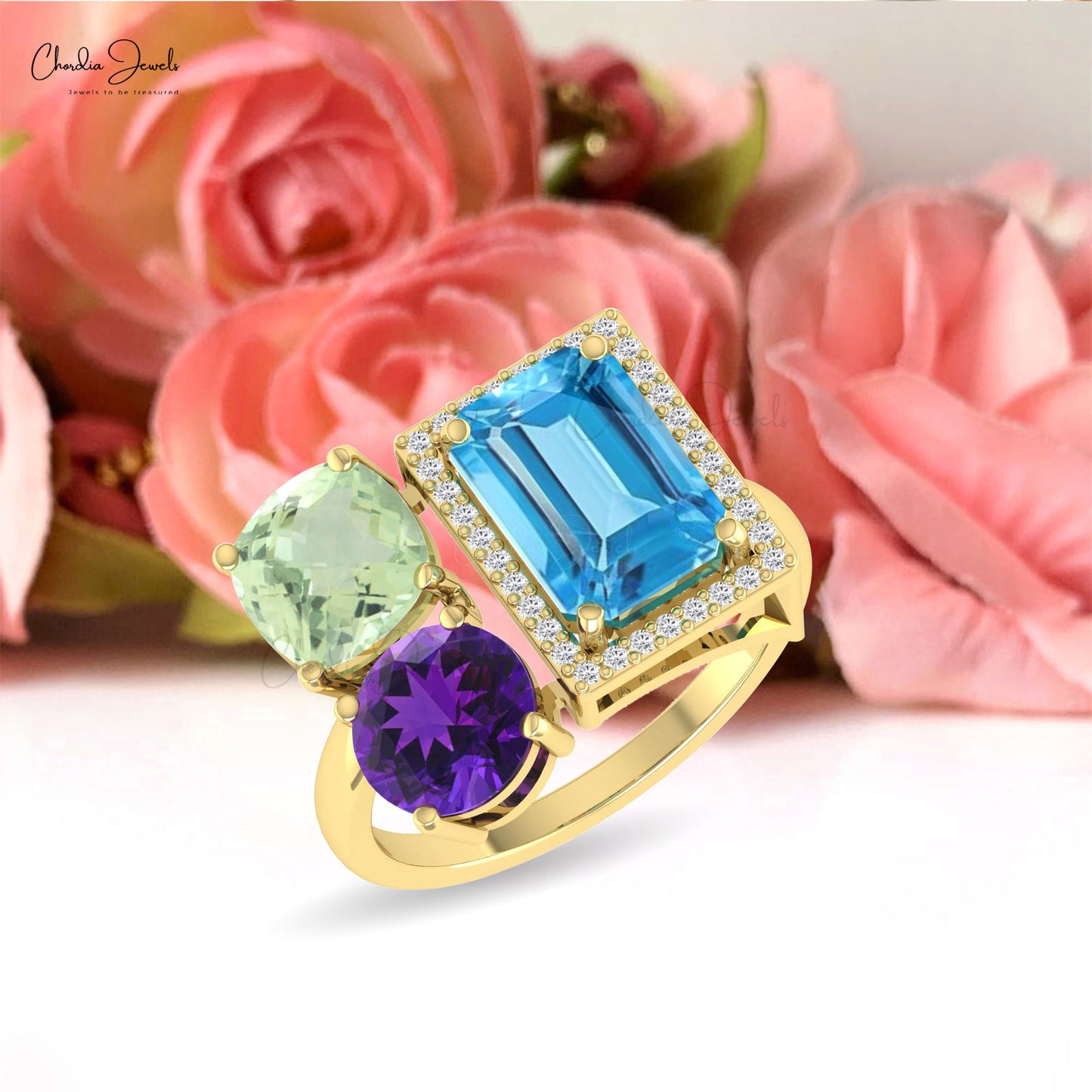 Cluster 3 Stone Ring With 10x8mm Swiss Blue Topaz And Amethyst Diamond Rings In 14k Gold