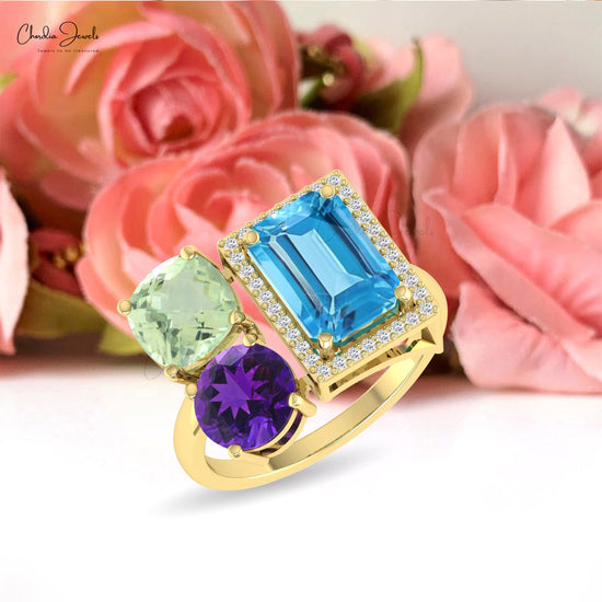 Cluster 3 Stone Ring With 10x8mm Swiss Blue Topaz And Amethyst Diamond Rings In 14k Gold