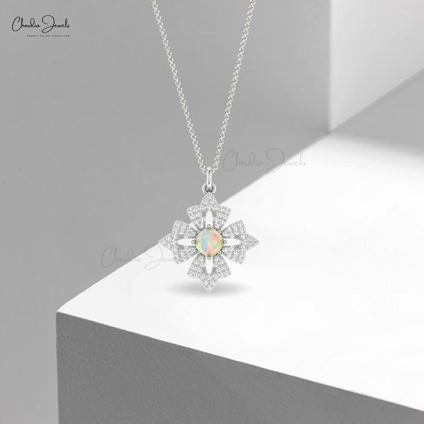 Floral Cluster Women Pendant In Real 14kl Gold Fire Opal 0.6 Ct Gemstone Diamond Pendants