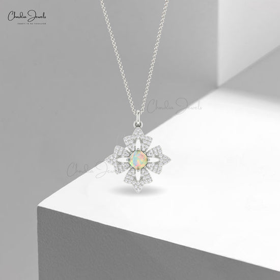 Floral Cluster Women Pendant In Real 14kl Gold Fire Opal 0.6 Ct Gemstone Diamond Pendants