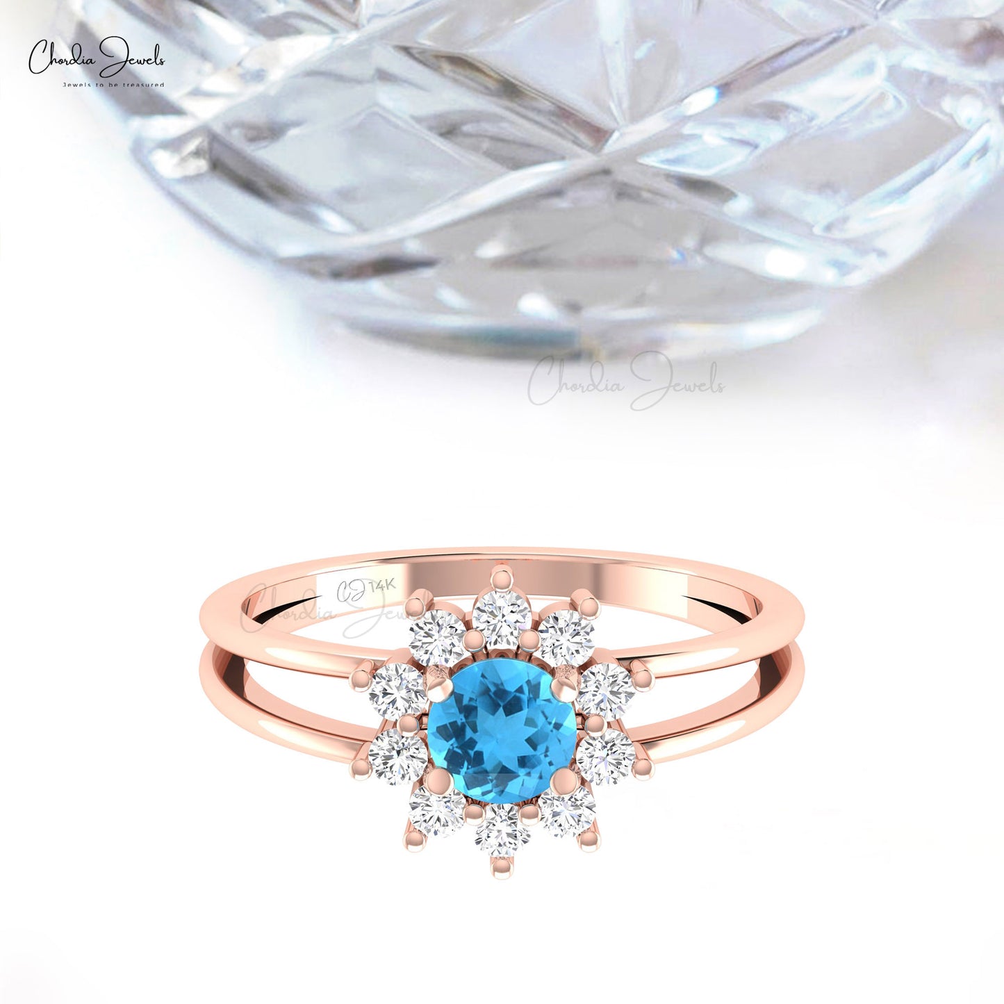 Floral Design Split Shank Ring 5mm Swiss Blue Topaz Ring Halo Dimond Ring In 14k Gold