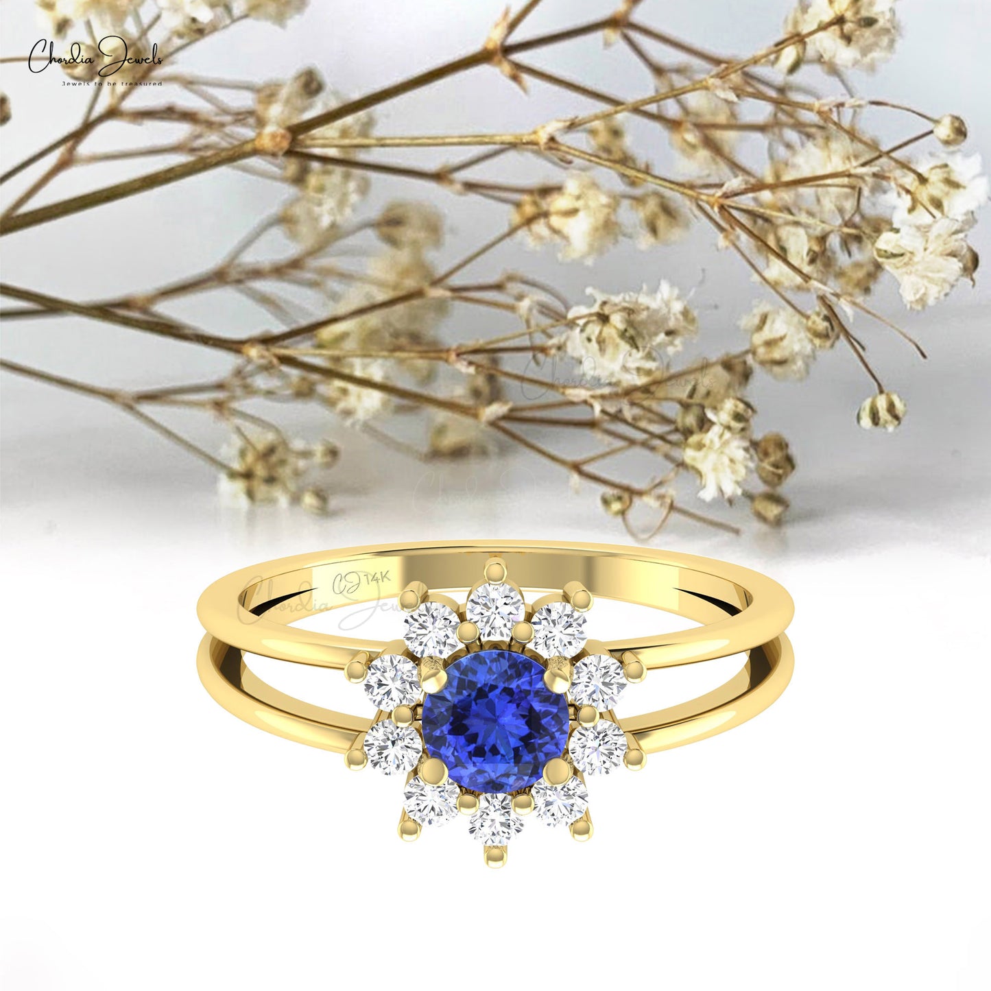 Brilliant Cut Split Shank Ring In Solid 14k Gold Tanzanite Halo Diamond Proposal Rings