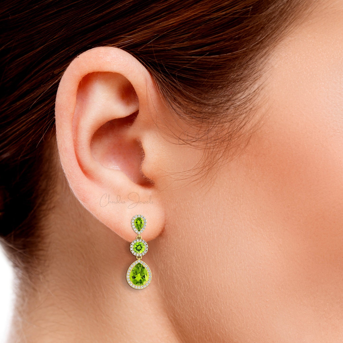 Halo Danglers Wedding Earring In 14k Solid Gold Peridot August Birthstone Diamond Earrings