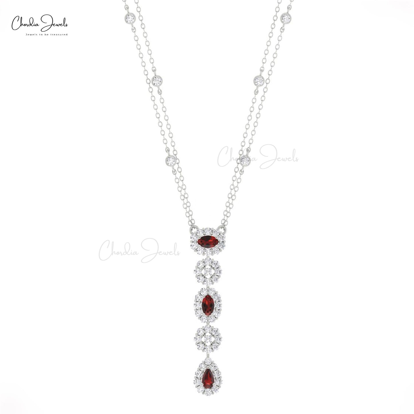Genuine Red Garnet Y Drop Necklace In 14k Real Gold Diamond Halo Lariat Chain Necklaces