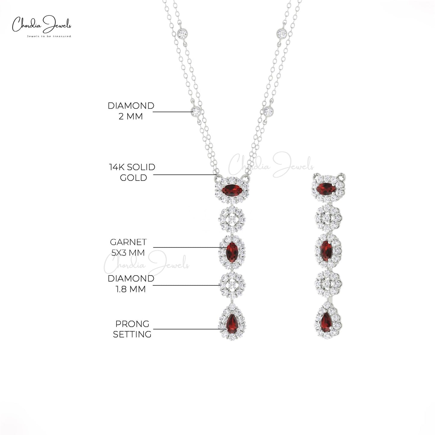 Genuine Red Garnet Y Drop Necklace In 14k Real Gold Diamond Halo Lariat Chain Necklaces