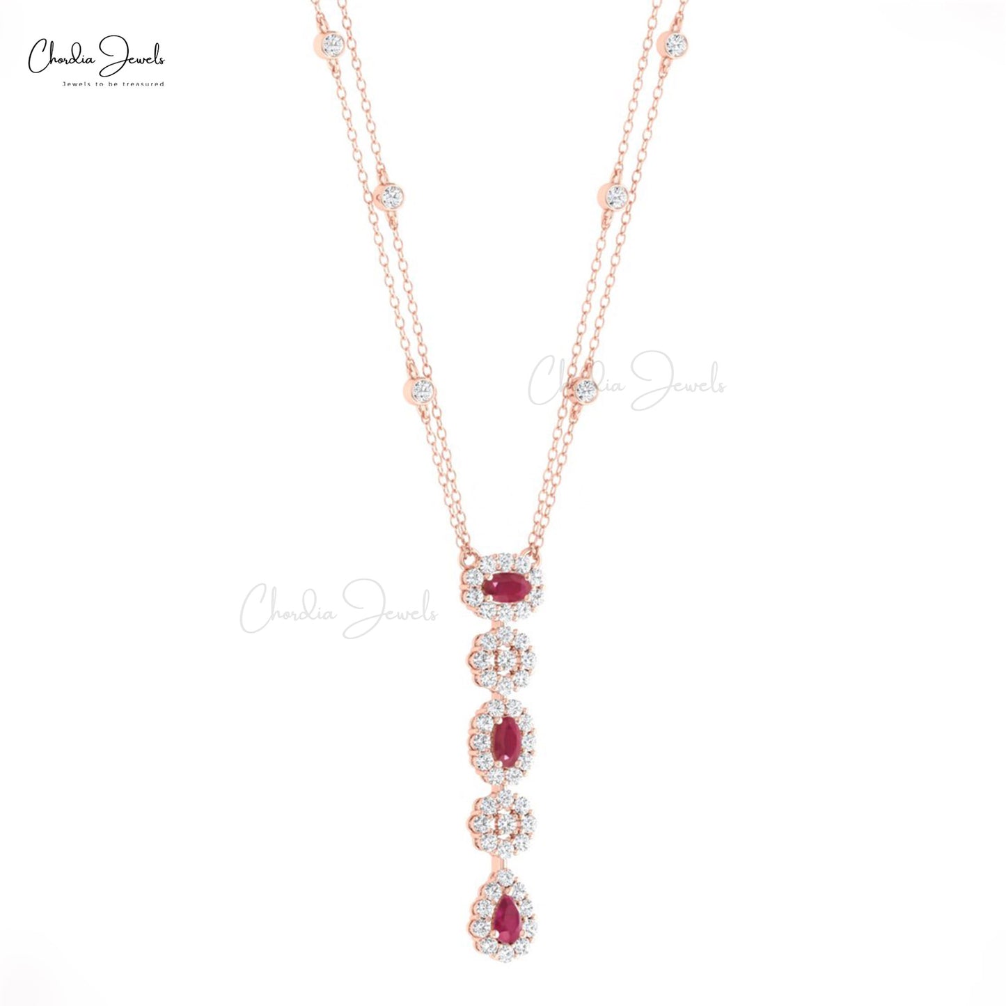 Dangle Drop Diamond Necklace With 0.63 Ct Burma Ruby Halo Lariat Halo Necklace In 14k Gold