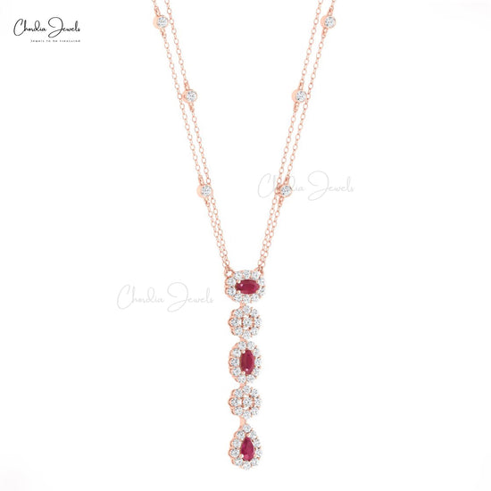 Dangle Drop Diamond Necklace With 0.63 Ct Burma Ruby Halo Lariat Halo Necklace In 14k Gold