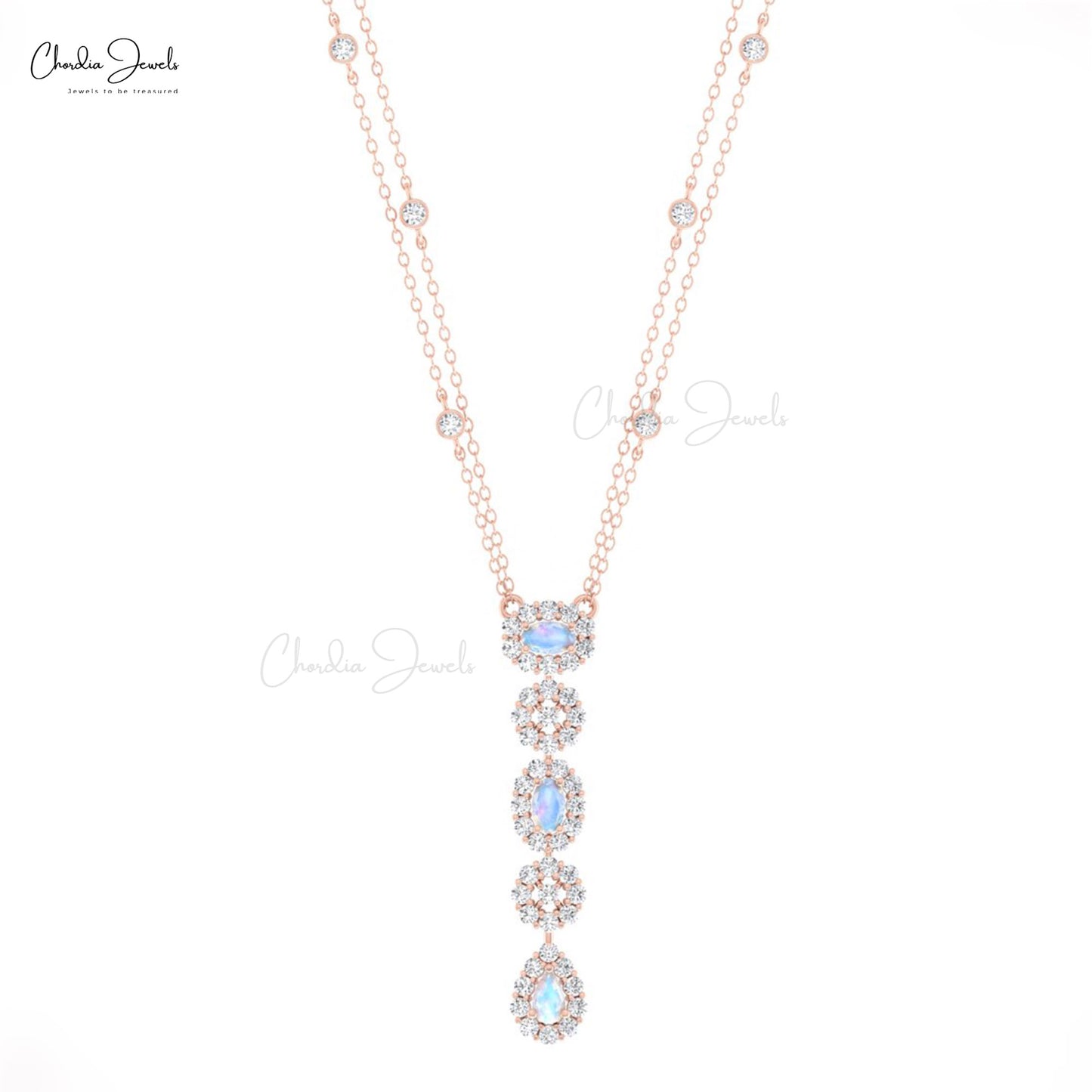 Cluster Diamond Chain Necklace In Real 14k Gold Rainbow Moonstone Dangle Y Necklaces