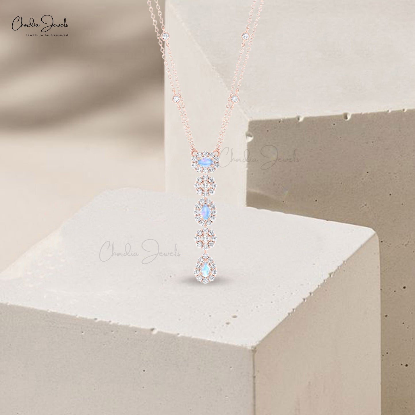 Cluster Diamond Chain Necklace In Real 14k Gold Rainbow Moonstone Dangle Y Necklaces