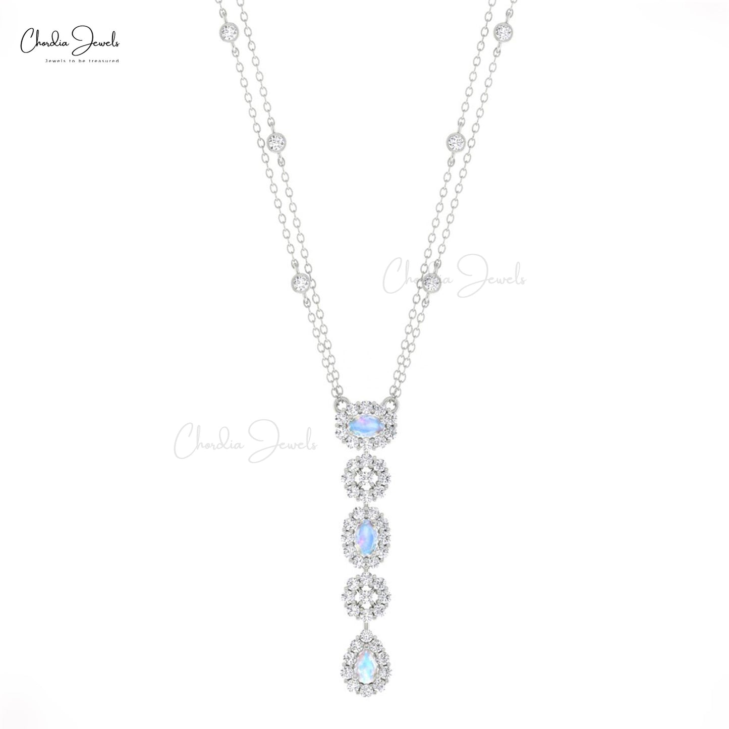 Cluster Diamond Chain Necklace In Real 14k Gold Rainbow Moonstone Dangle Y Necklaces