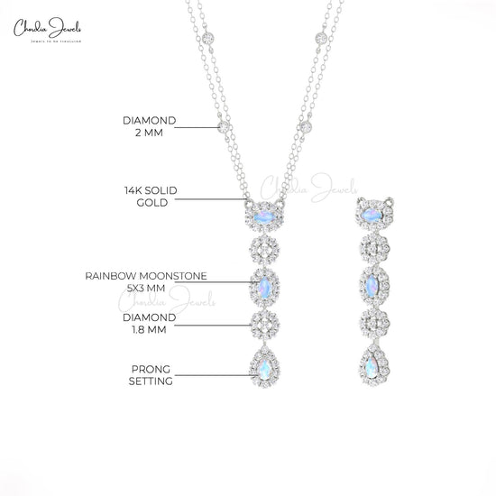 Cluster Diamond Chain Necklace In Real 14k Gold Rainbow Moonstone Dangle Y Necklaces