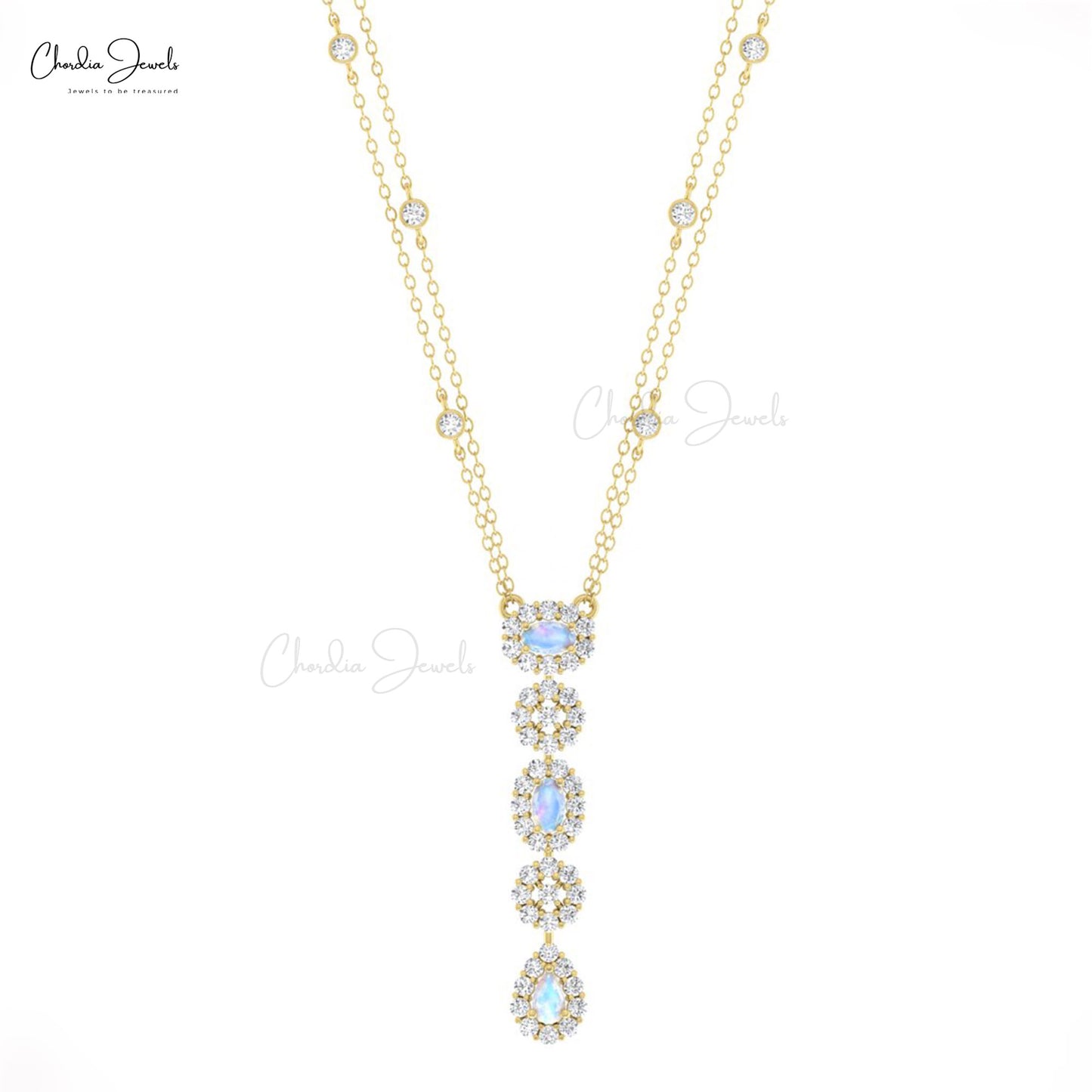 Cluster Diamond Chain Necklace In Real 14k Gold Rainbow Moonstone Dangle Y Necklaces