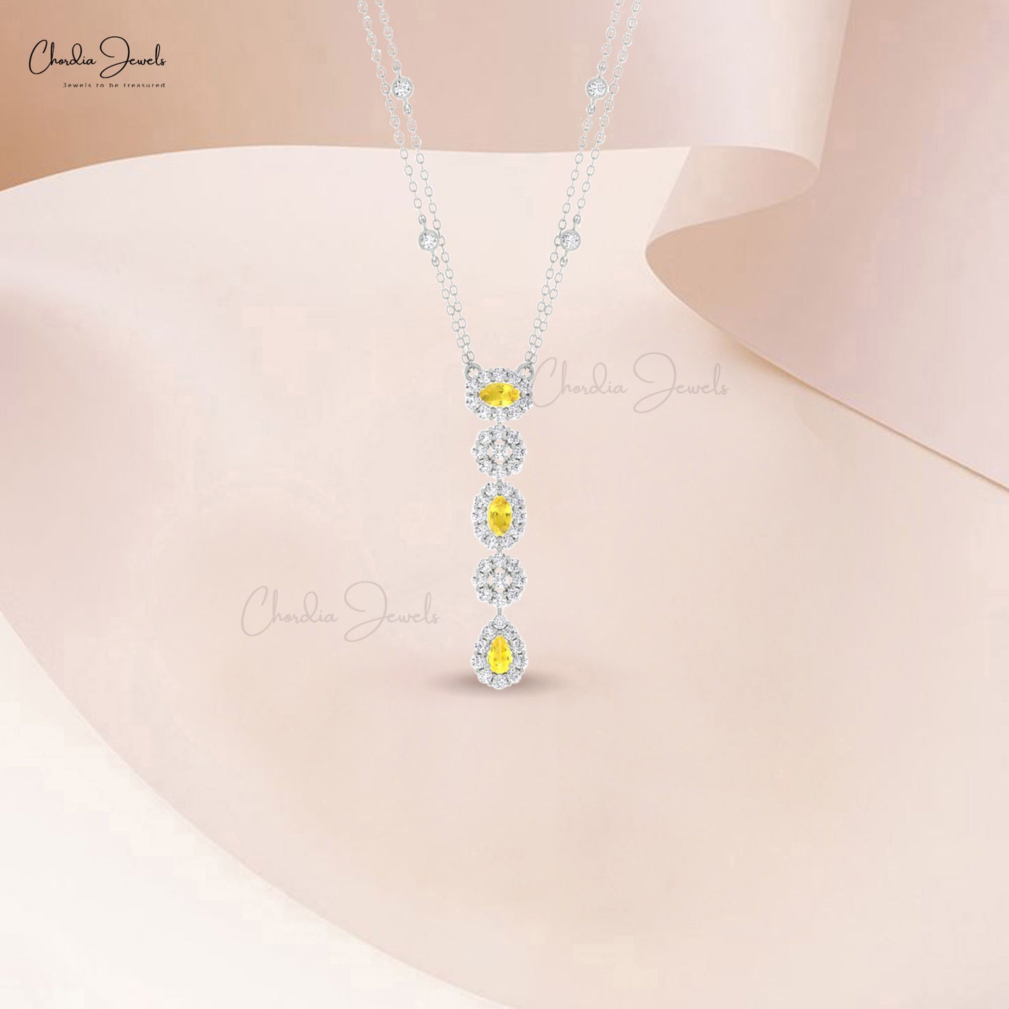Real 14k Gold Diamond Halo With 0.63Ct Yellow Sapphire Layering Chain Necklace