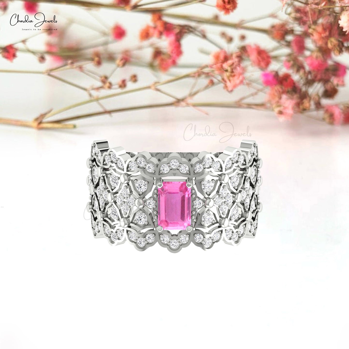 Cocktail Engagement Ring In 14k Solid Gold Pink Sapphire Cluster G-H Diamond Bridal Rings