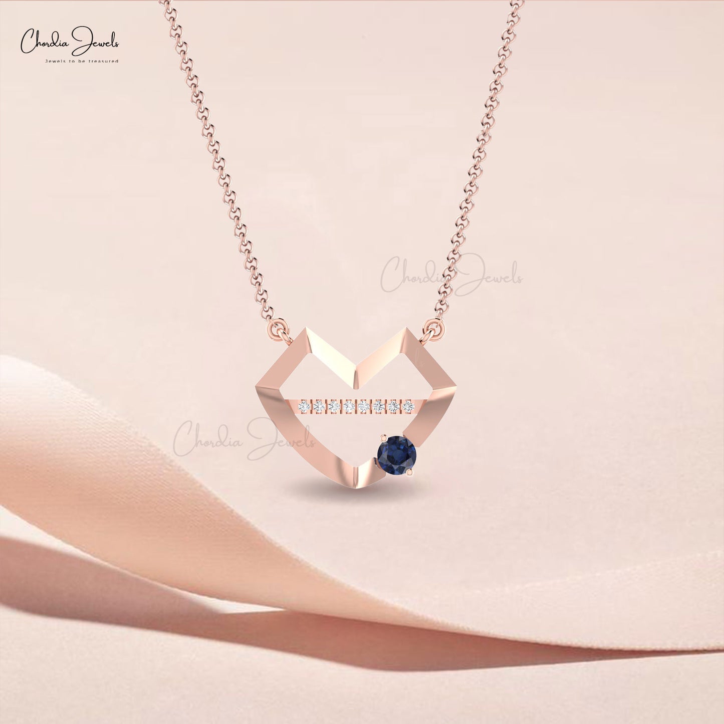 Delicate Lips Symbol Necklace With 4mm Blue Sapphire And Pave Diamond 14k Pure Gold Necklace