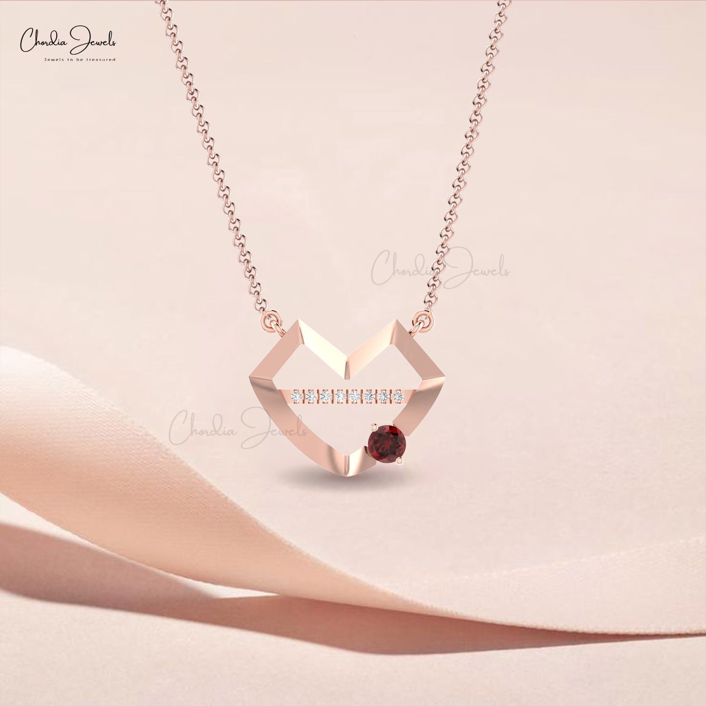 Diamond Bar Hubb Necklace With 4mm Red Garnet Thin Chain Lips Necklaces In 14 Solid Gold