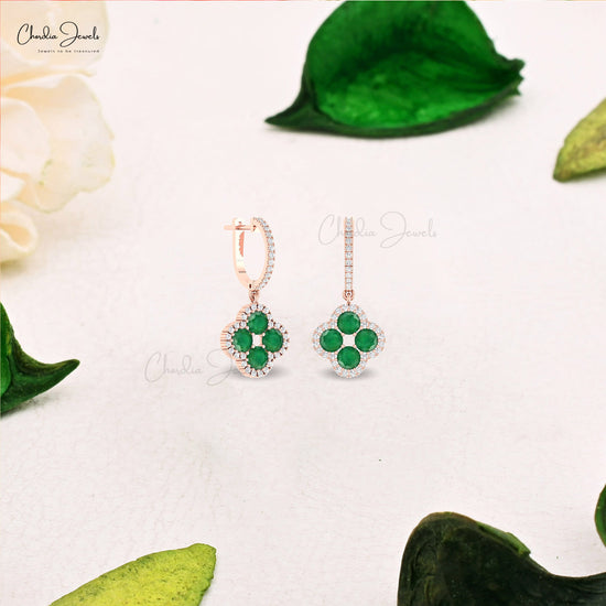 Four Leaf Halo Earrings With 3.04 Ct Emerald And Diamond Clover Earrings In 14k Real Gold