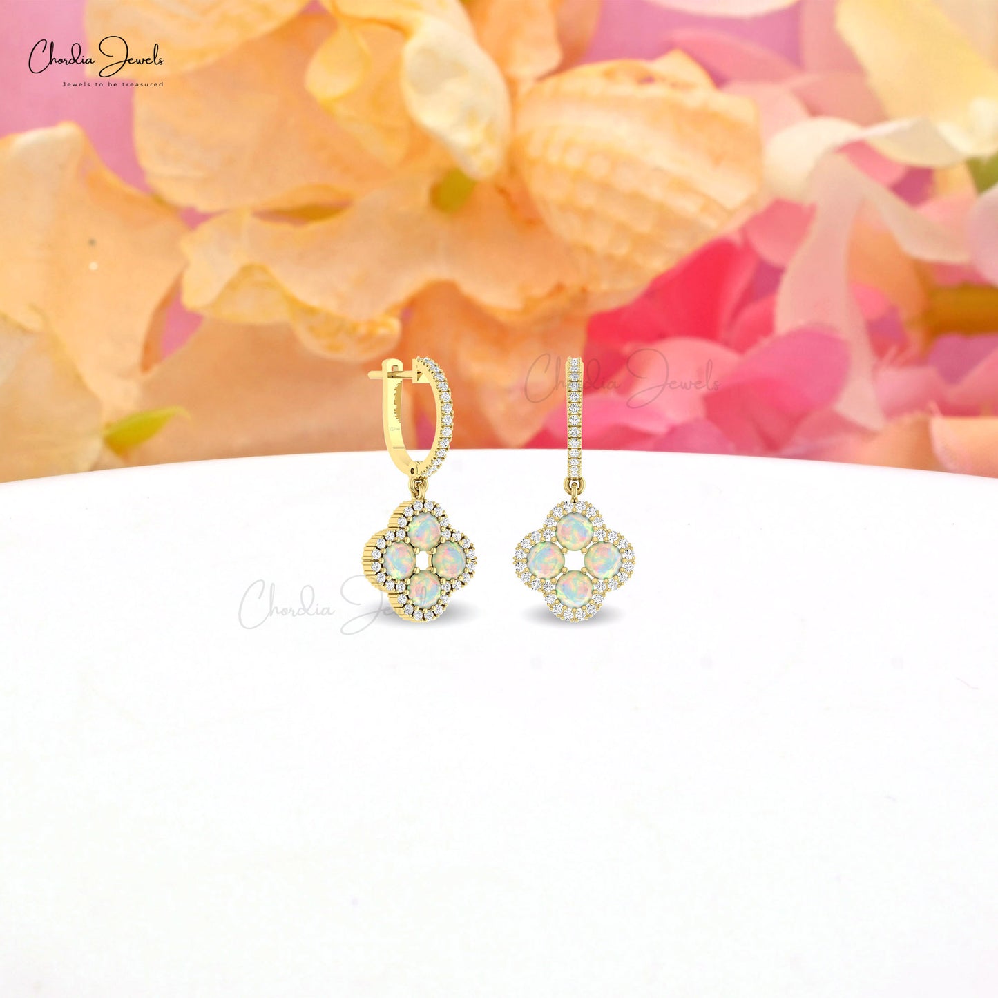 Dangling Diamond Earring In 14k Pure Gold Fire Opal 4mm Round Halo Anniversary Earrings
