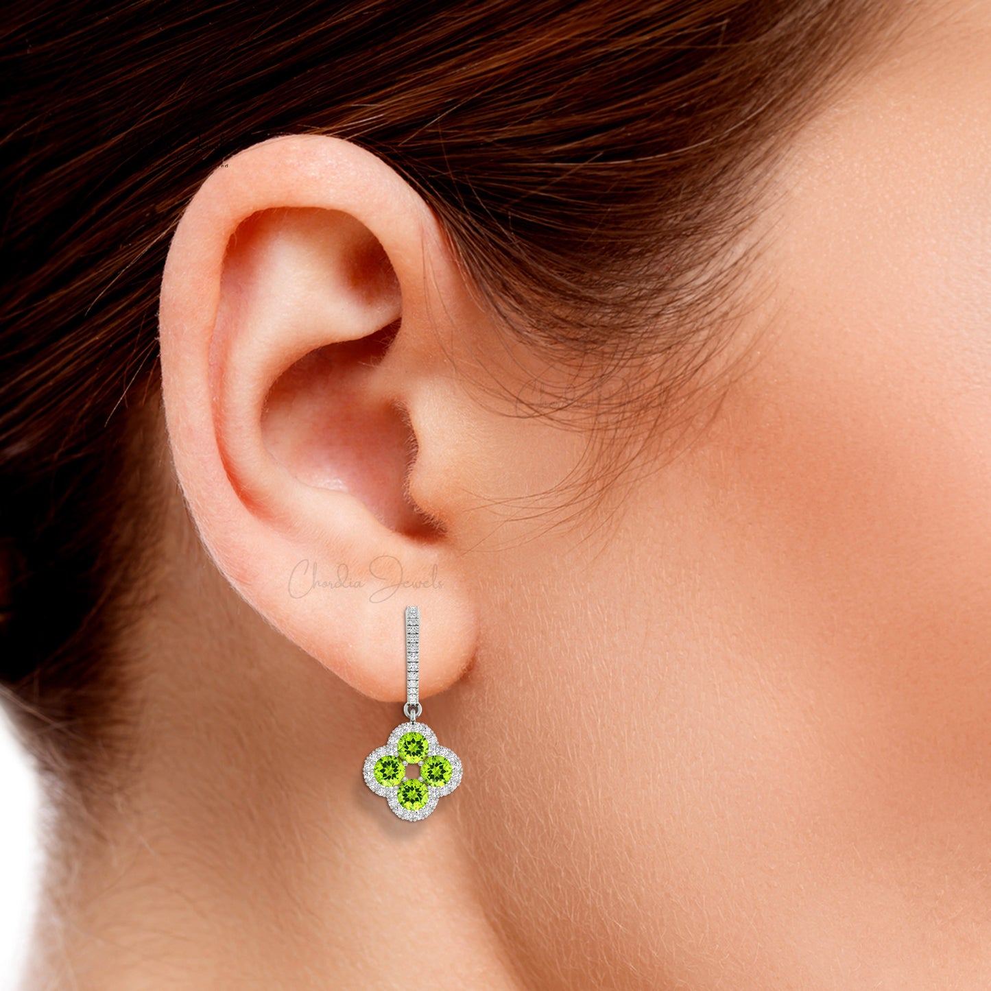 Real 14k Gold 4 Leaf Halo Earring With 1.92 Ct Peridot August Birthstone Diamond Earrings