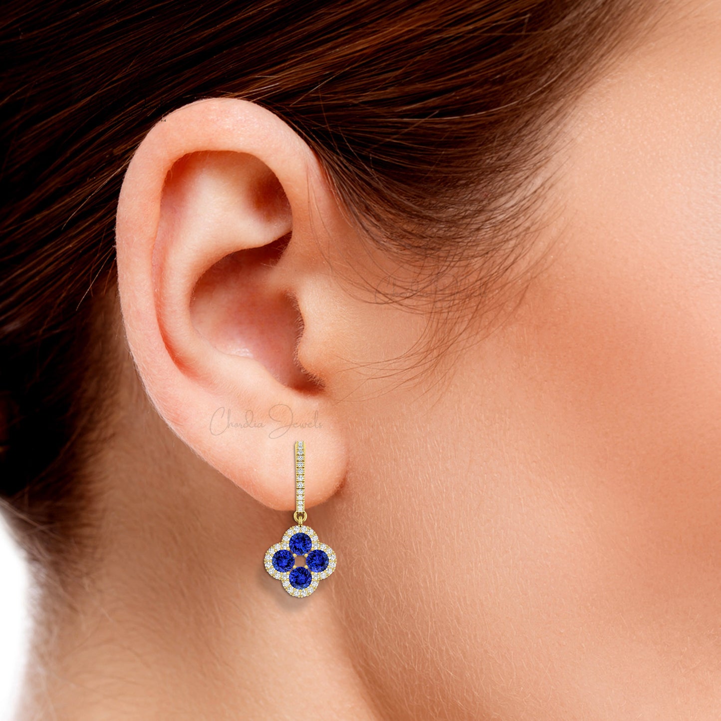 Dangle Four Leaf Earring In 14k Solid Gold Tanzanite 4mm Round And Diamond Halo Earrings