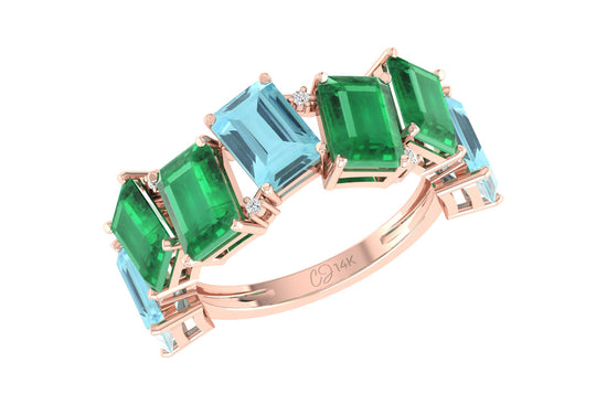 Seven Stone Stack Band In 14k Pure Gold Aquamarine 7x5mm Emerald And Diamond Ring