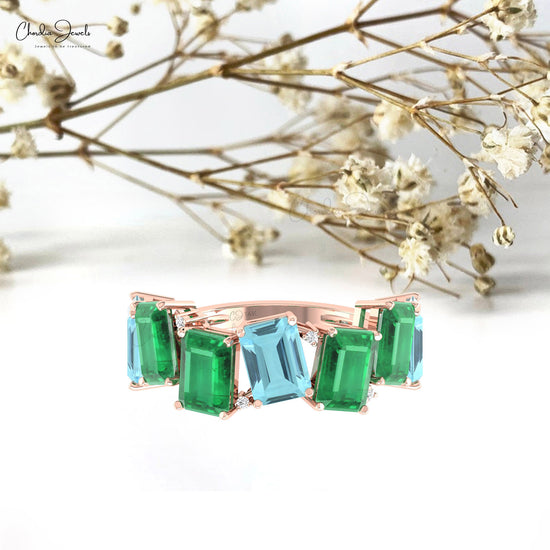 Seven Stone Stack Band In 14k Pure Gold Aquamarine 7x5mm Emerald And Diamond Ring