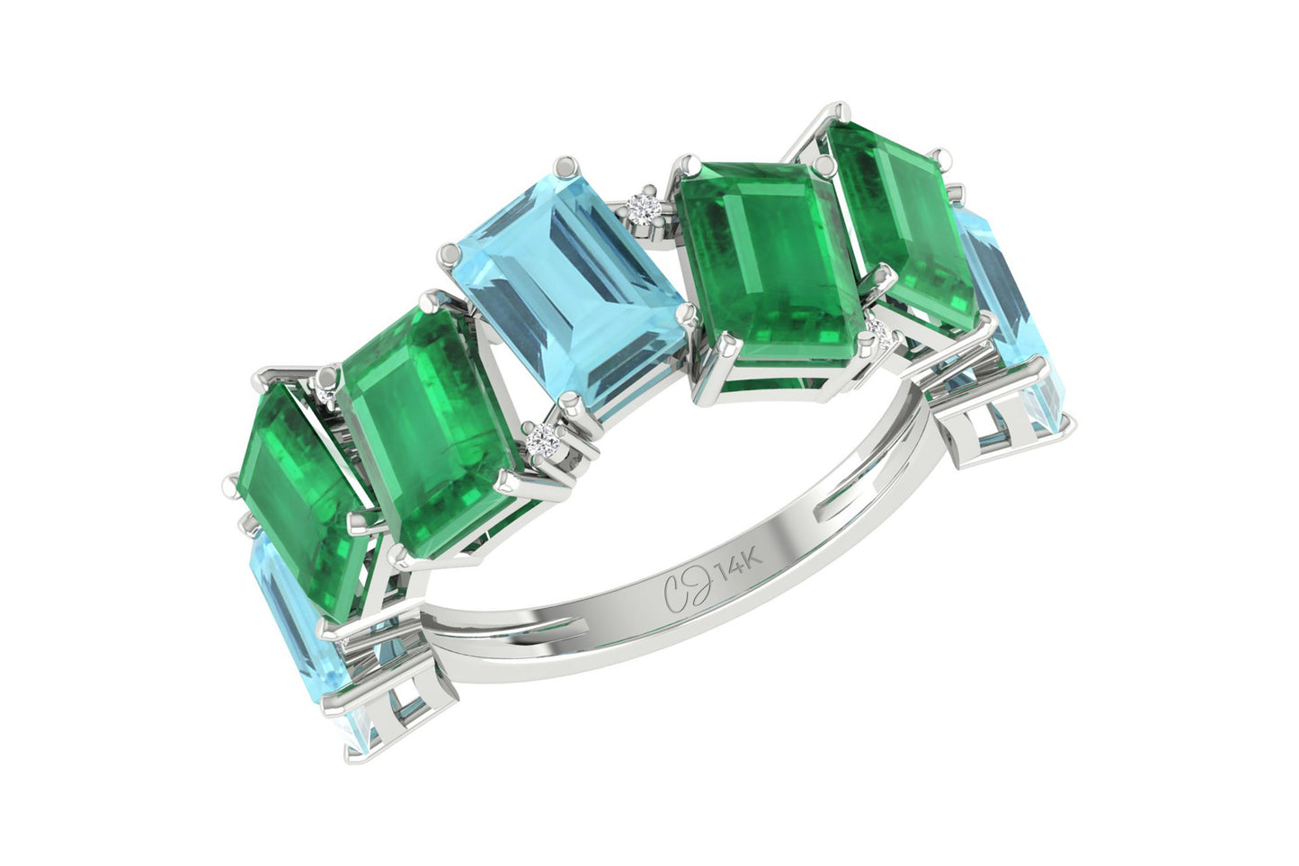 Seven Stone Stack Band In 14k Pure Gold Aquamarine 7x5mm Emerald And Diamond Ring