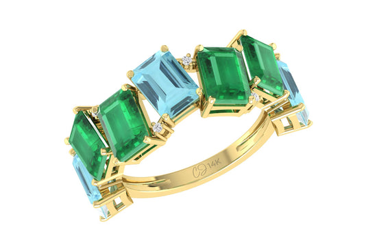 Seven Stone Stack Band In 14k Pure Gold Aquamarine 7x5mm Emerald And Diamond Ring