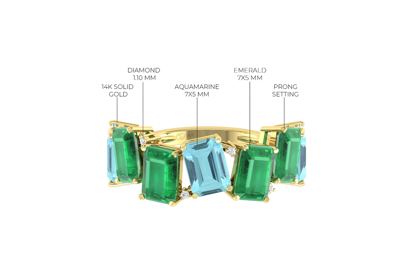 Seven Stone Stack Band In 14k Pure Gold Aquamarine 7x5mm Emerald And Diamond Ring