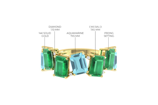 Seven Stone Stack Band In 14k Pure Gold Aquamarine 7x5mm Emerald And Diamond Ring
