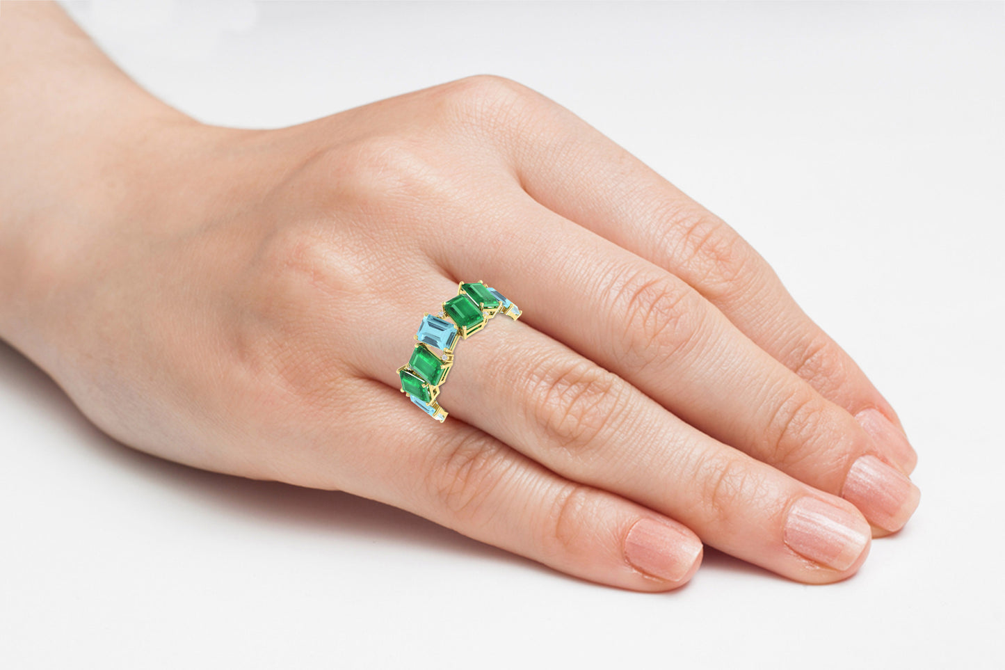 Seven Stone Stack Band In 14k Pure Gold Aquamarine 7x5mm Emerald And Diamond Ring