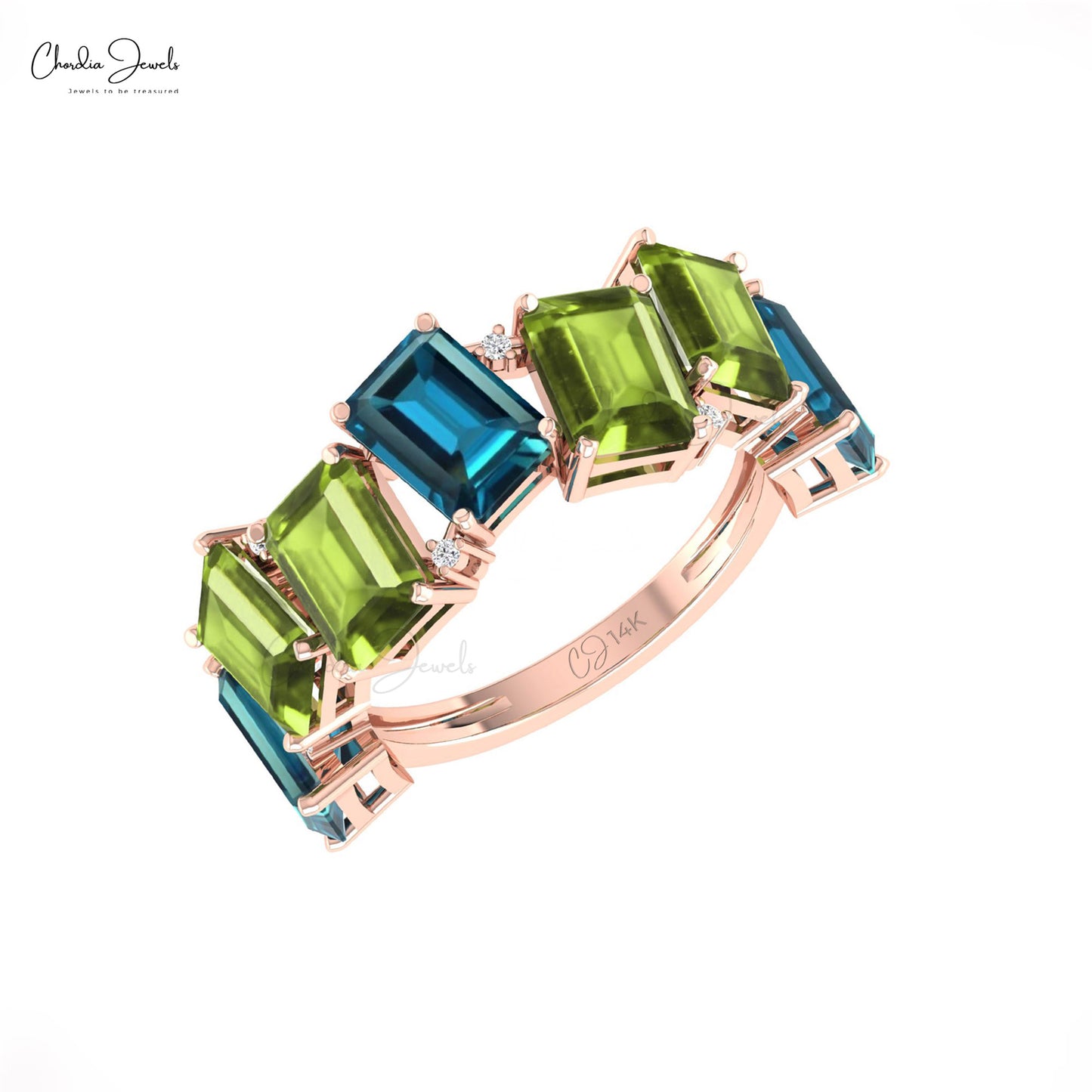 Solid Gold Half Eternity Band with Peridot and Blue Topaz Stones
